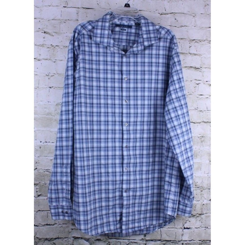 Long Sleeve Dress Shirt Size XLT White Blue Plaid Perry Ellis Non Iron Cotton